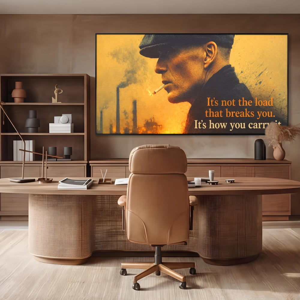 Tablou canvas cu tablou canvas cu personaj si mesaj motivational, in rama de aluminiu negru, pe perete intr-un birou